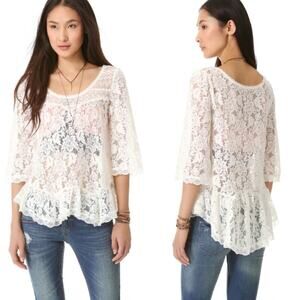 Free People Scalloped Lace Blouse Top Womens Soviet White Boho‎ Western Gypsy